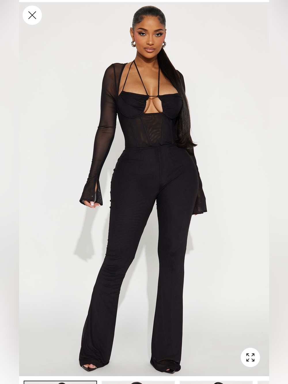Black Mesh Long-Sleeve Jumpsuit Pant Set Melanie - Fashion Nova